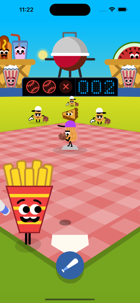 Doodle Baseball Game - Gameplay of Doodle Baseball showing a French fry character as a batter on a picnic themed field