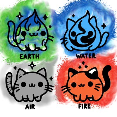 4 cats that represent the different elements, earth, water, air, and fire