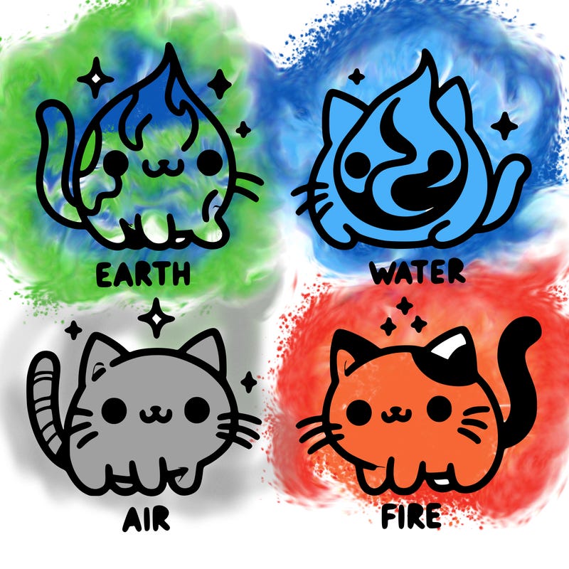 4 cats that represent the different elements, earth, water, air, and fire