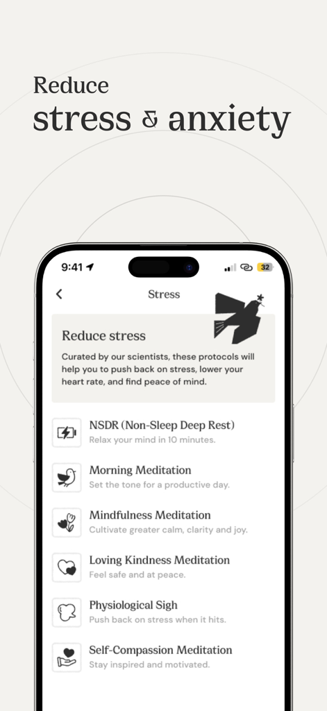 Virtusan: NSDR, 40 Hz and more - Interface of Virtusan app showing various stress and anxiety reduction protocols