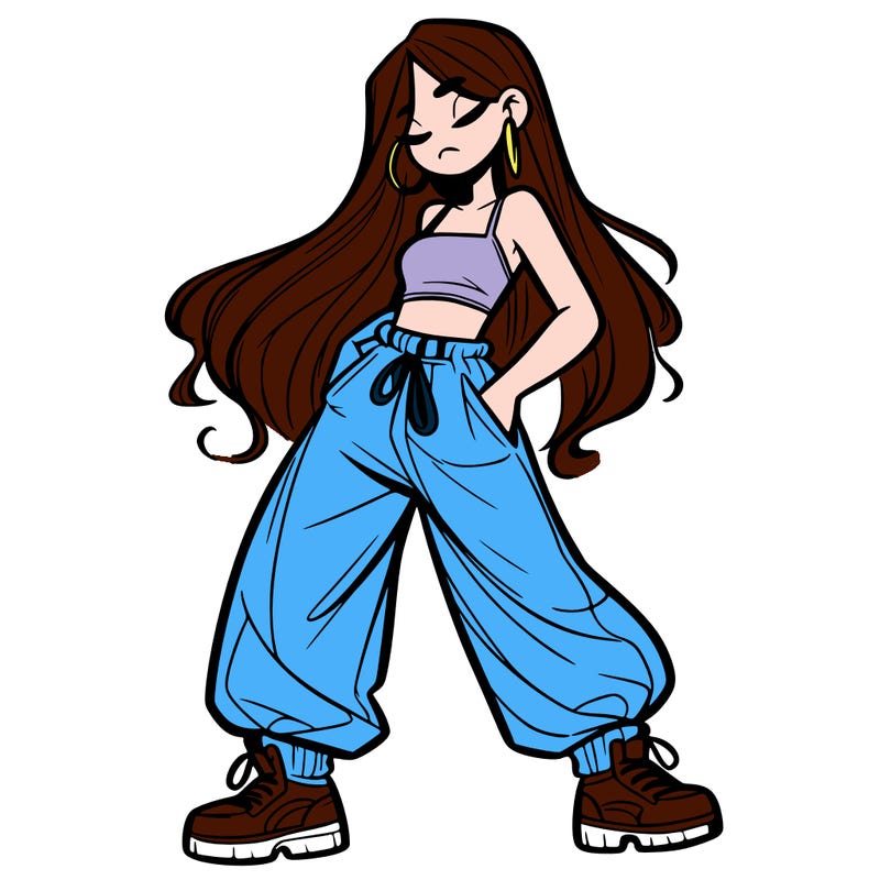 girl in baggy pants crop top and long hair