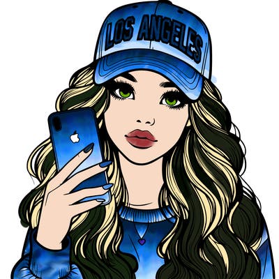 realistic beautiful girl wearing los ángeles cap holding an iphone