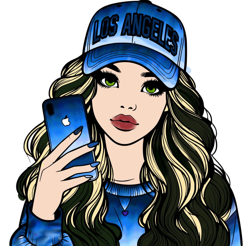 realistic beautiful girl wearing los ángeles cap holding an iphone
