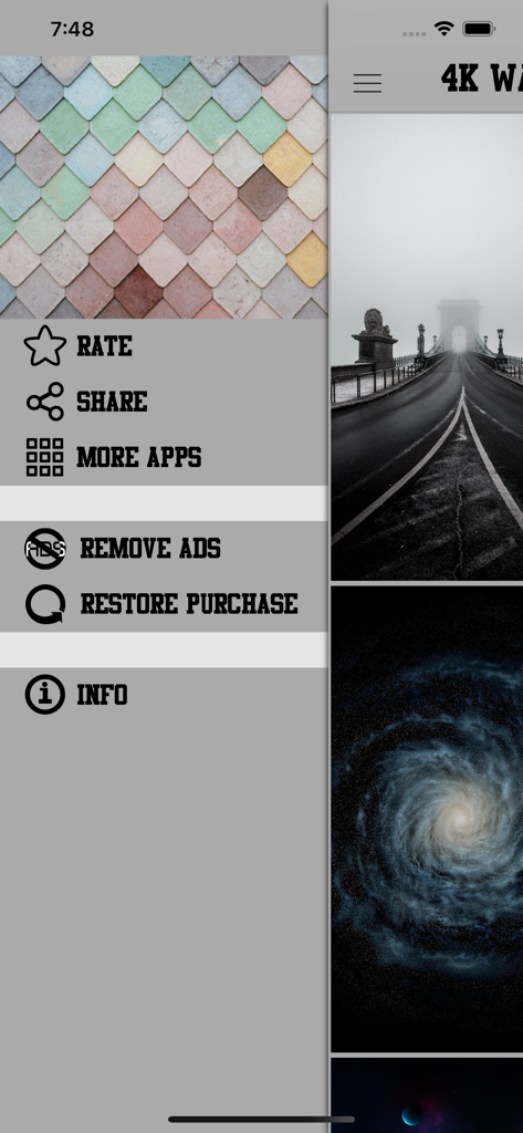 Side menu of the 4K Wallpapers HD app showing navigation options and settings
