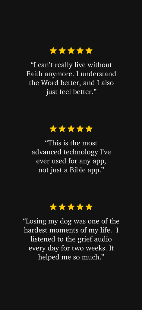 Three five star user testimonials for the Faith The Video Bible app highlighting spiritual growth and emotional support