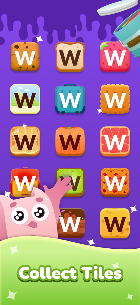 A grid of colorful themed letter tiles in the Word Roll game.