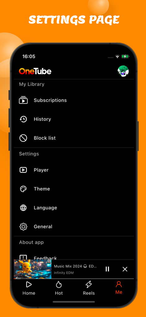 OneTube App-Einstellungen-Bildschirm, der die Benutzerbibliothek und Anpassungsfunktionen im Dunkelmodus anzeigt