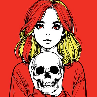 realistic girl holding a skull