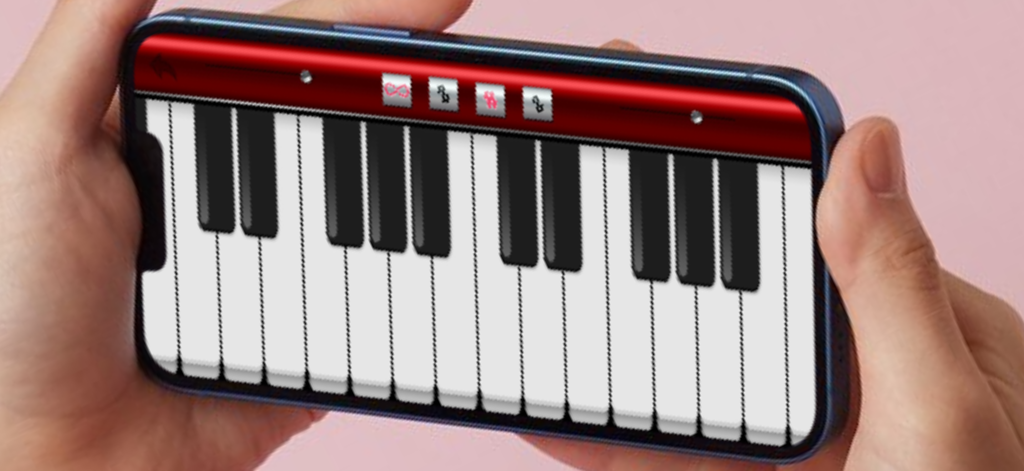 A person holding a smartphone showing the Real Piano app digital keyboard interface