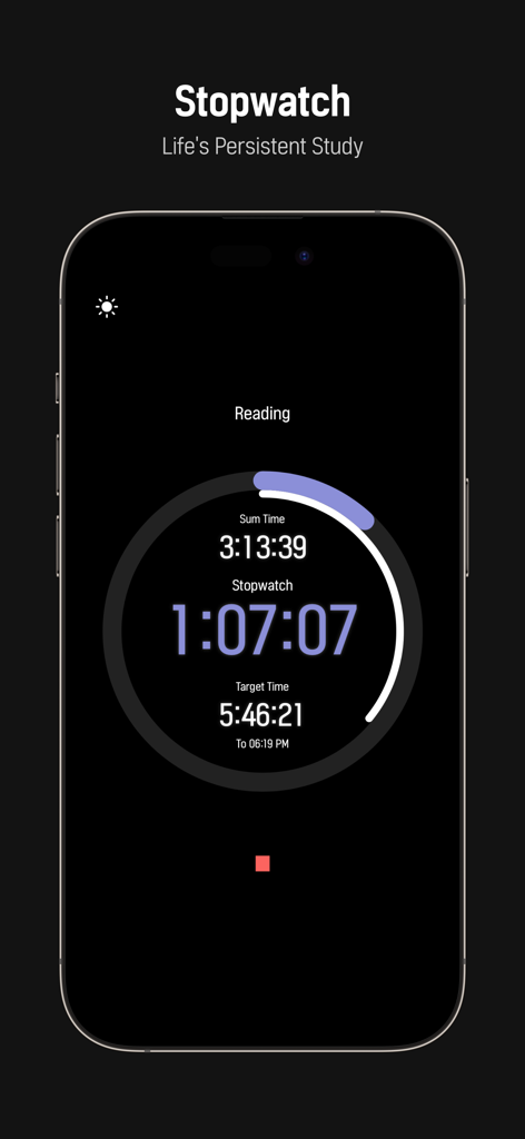 Minimalist dark mode stopwatch interface tracking study time for reading