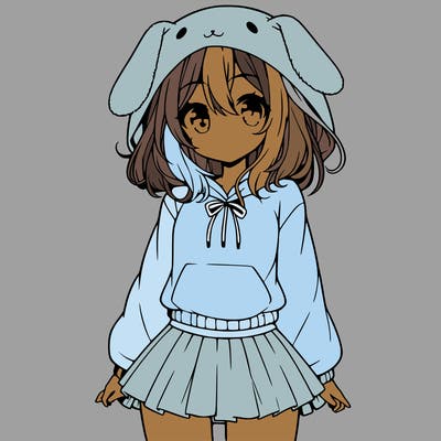 pretty anime girl wearing a fluffy hoodie with bunny ears on the hood and a skirt