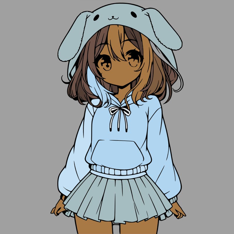 pretty anime girl wearing a fluffy hoodie with bunny ears on the hood and a skirt