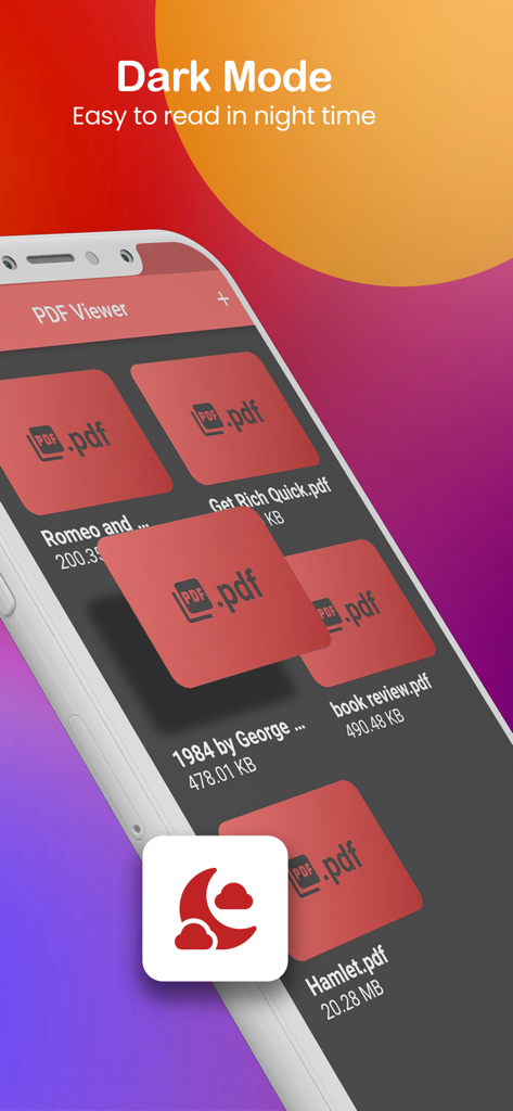 PDF Reader and PDF Viewer - PDF Reader App zeigt die Dokumentenbibliothek im Dunkelmodus für komfortables Lesen bei Nacht
