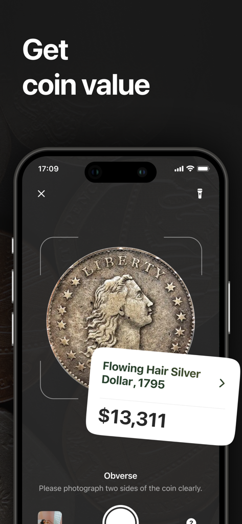 The CoinCheck app interface identifying a 1795 Flowing Hair Silver Dollar with a valuation of over 13000 dollars.