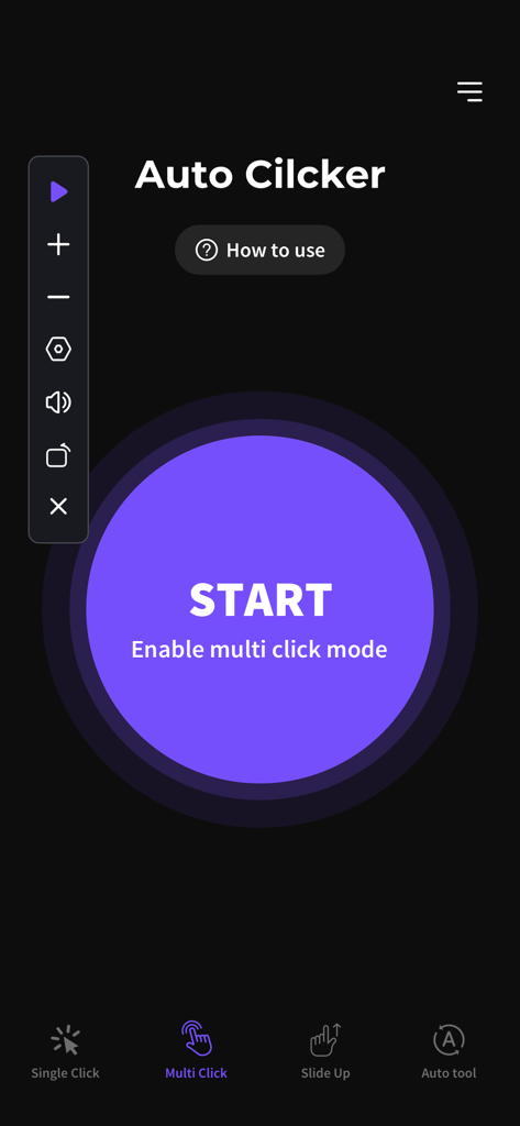 Auto Clicker app interface showing the multi click mode start screen with a large purple button and side control panel