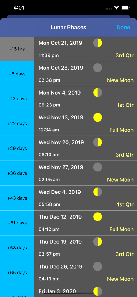 List of upcoming lunar phases with dates and times in the Moon Seeker app