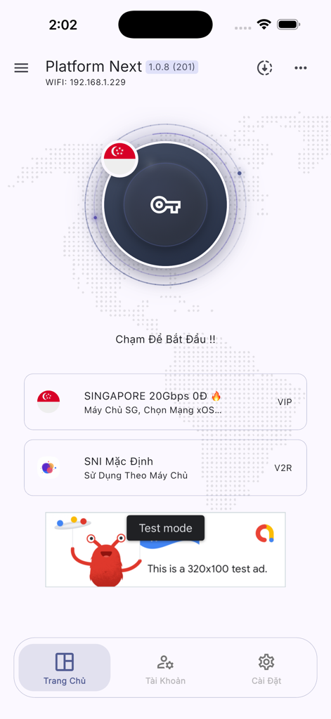Platform Next - Unlimited VPN - Dashboard of the Platform Next VPN app featuring server selection and a central connection button
