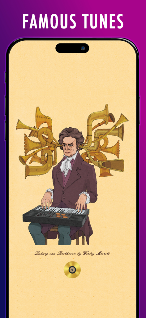 Maestro Piano Tiles - Maestro Piano Tiles app screenshot showing a stylized illustration of Beethoven playing a keyboard under the heading Famous Tunes