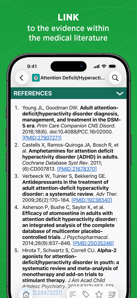 5 Minute Clinical Consult - Lista de referencias médicas y enlaces de investigación clínica en la aplicación 5 Minute Clinical Consult.