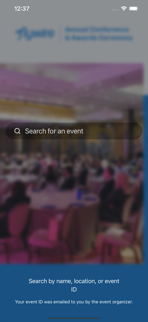Flywire Conference app search interface to find events by name or location