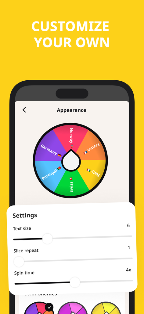 Appearance settings screen showing a colorful decision wheel with options to adjust text size and spin time.