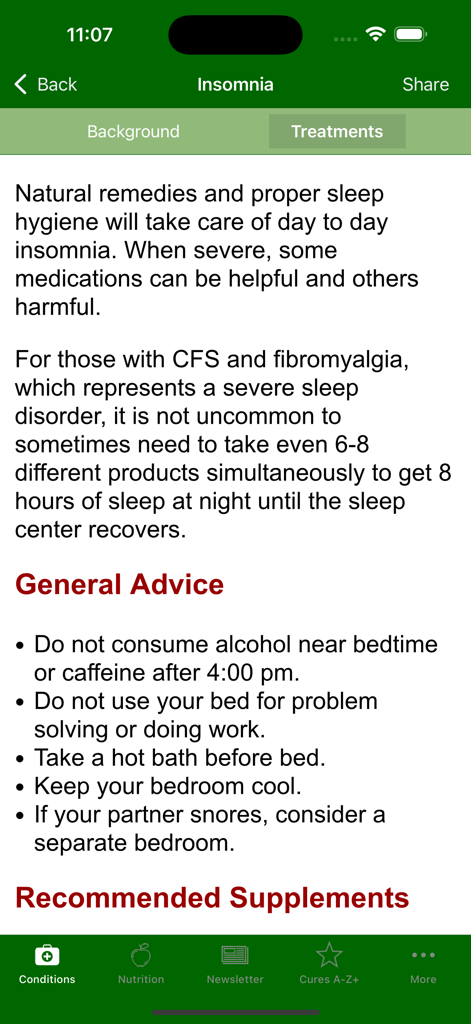 Cures A-Z - Insomnia treatment advice and supplement recommendations in the Cures A-Z app