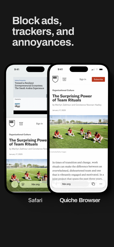 Quiche Browser - A side-by-side comparison of Safari and Quiche Browser showing the removal of ads and trackers on a webpage