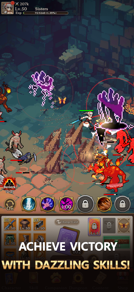 Dungeon Sisters : IDLE RPG - Pixel art combat in Dungeon Sisters IDLE RPG showing dazzling skills and a level fifty hero character