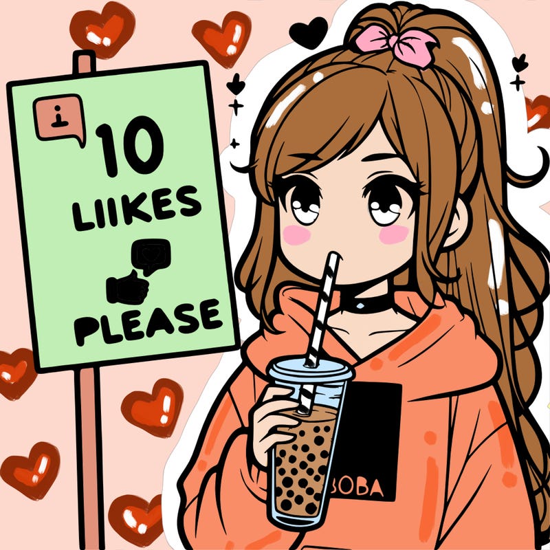 girl with a high ponytail and a hoodie drinking boba staring at a sign saying 10 likes please