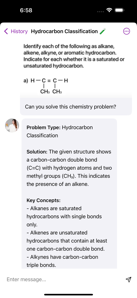 Chemistry AI - Homework Helper - Chemistry AI app interface providing a step by step explanation for identifying an alkene in a hydrocarbon classification problem.