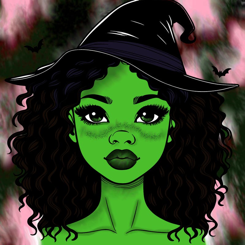 realistic black girl with wavy hair and witch hat and nose and lips