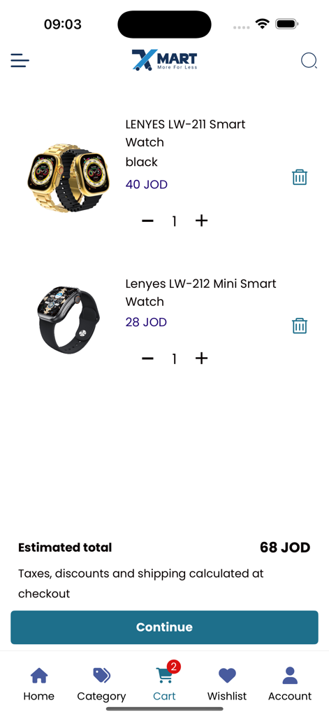 Xmart Jo - Xmart Jo app shopping cart screen displaying smart watches and the estimated total price in Jordanian Dinars