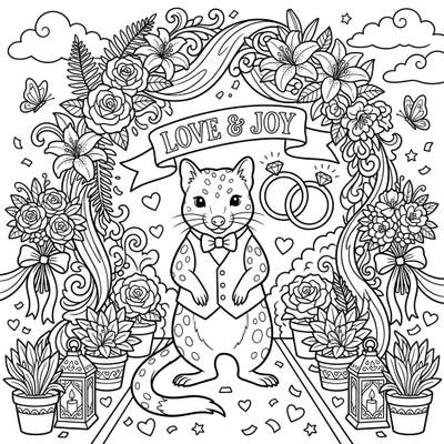 Step into a heartwarming celebration with this charming quoll wedding coloring page. A dapper quoll takes center stage amidst a beautiful floral arch, symbolizing love and joy for your creative touch.