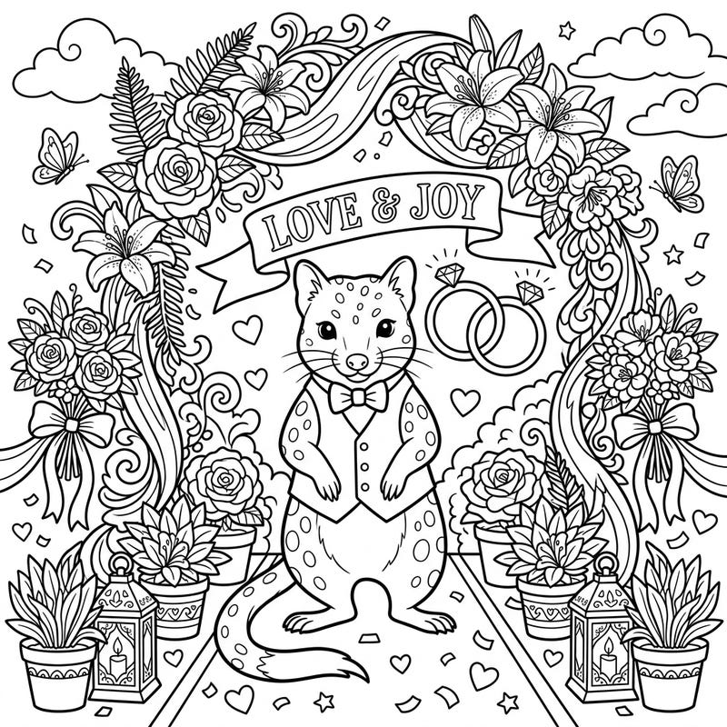 Step into a heartwarming celebration with this charming quoll wedding coloring page. A dapper quoll takes center stage amidst a beautiful floral arch, symbolizing love and joy for your creative touch.