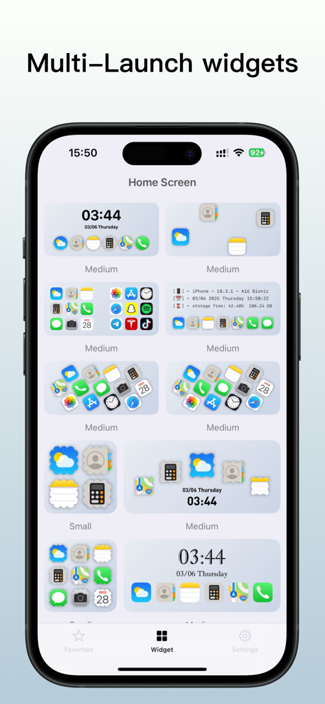 Launcher x – Quick App Widgets - Uma galeria de modelos de widgets de lançamento múltiplo personalizáveis para a tela inicial do iPhone dentro do aplicativo Launcher x.