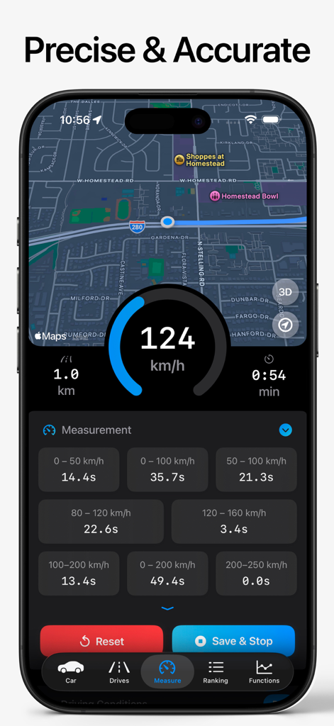 SpeedGPS - Drive & Measure - Interface do aplicativo SpeedGPS mostrando velocidade em tempo real e medições detalhadas de teste de aceleração do veículo.