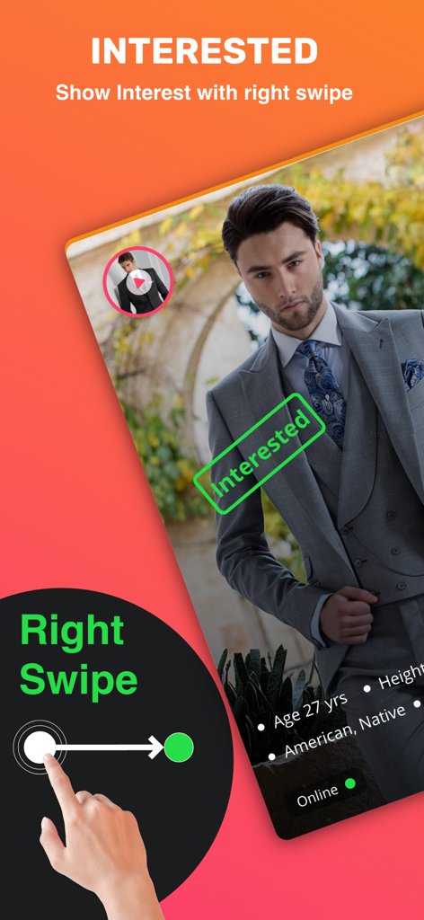 Screenshot of the Nikkah matrimonial app showing the right swipe feature to express interest in a user profile
