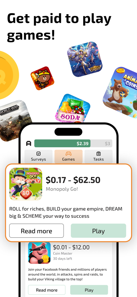 AttaPoll app screen showing cash rewards for playing mobile games like Monopoly Go