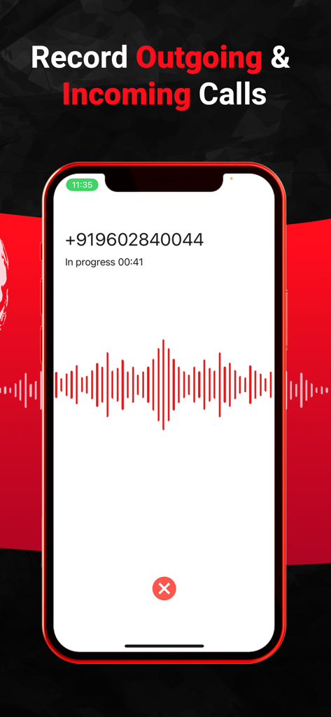 RecordACall - Call Recorder - RecordACall-App-Oberfläche, die eine aktive Anrufaufzeichnung mit einer roten Wellenform auf einem iPhone-Bildschirm zeigt.