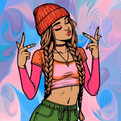realistic teenage girl with braids and a beanie and crop top doing 🫶🏼