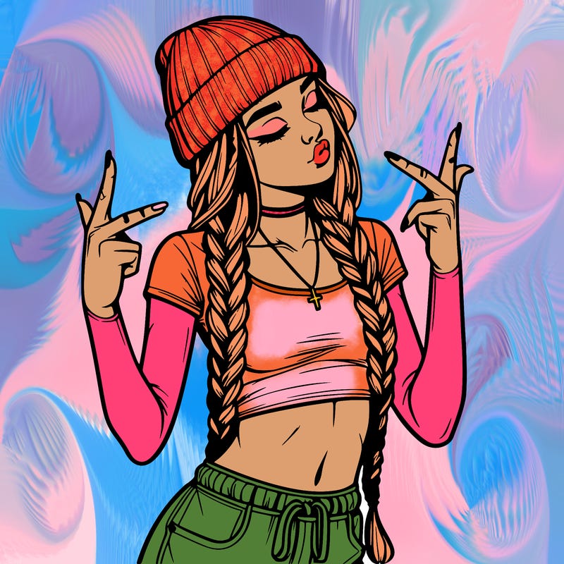 realistic teenage girl with braids and a beanie and crop top doing 🫶🏼