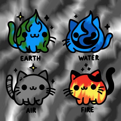 4 cats that represent the different elements, earth, water, air, and fire