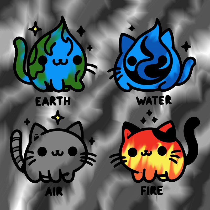 4 cats that represent the different elements, earth, water, air, and fire