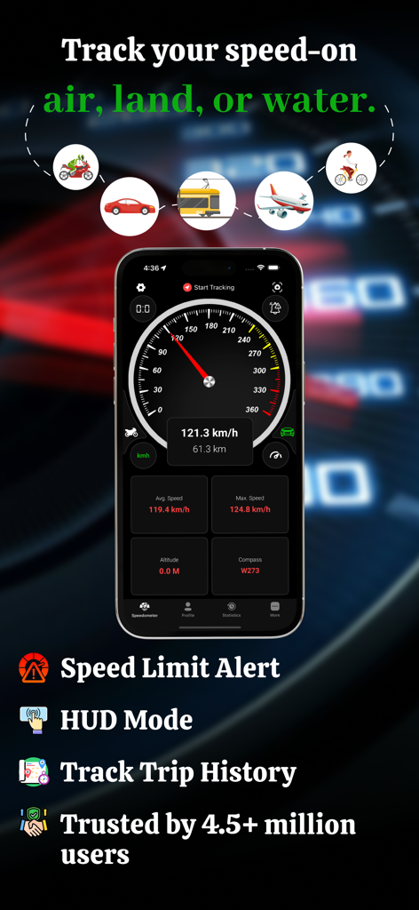GPS Speedometer app on a smartphone showing analog speed display and key features for multi-modal travel