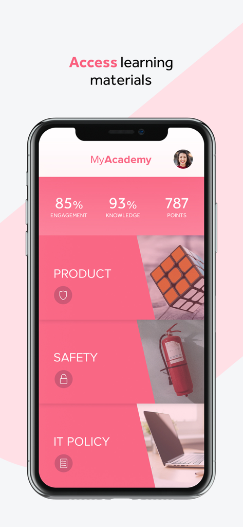 Actimo mobile app screen showing the MyAcademy section with employee training modules and learning metrics