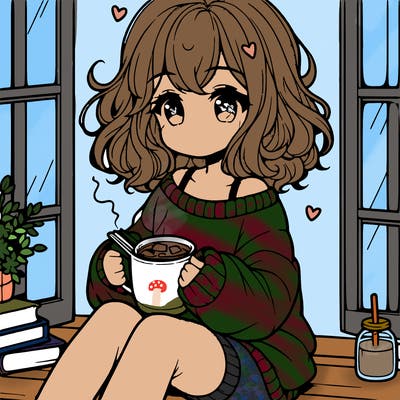 cute anime girl reading book and drinking hot chocolate from mug with loose wavy hair wearing a baggy sweatshirt and shorts sitting by windowsill looking out