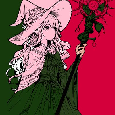 a realistic fantasy manga witch with a staff