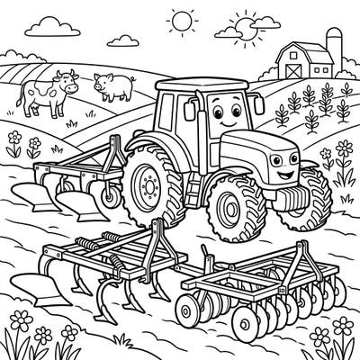 Young farm enthusiasts will love this exciting coloring page featuring a friendly tractor and essential plowing equipment. Dive into a vibrant farm scene complete with cute animals and a charming barn, perfect for kids aged 4-8.