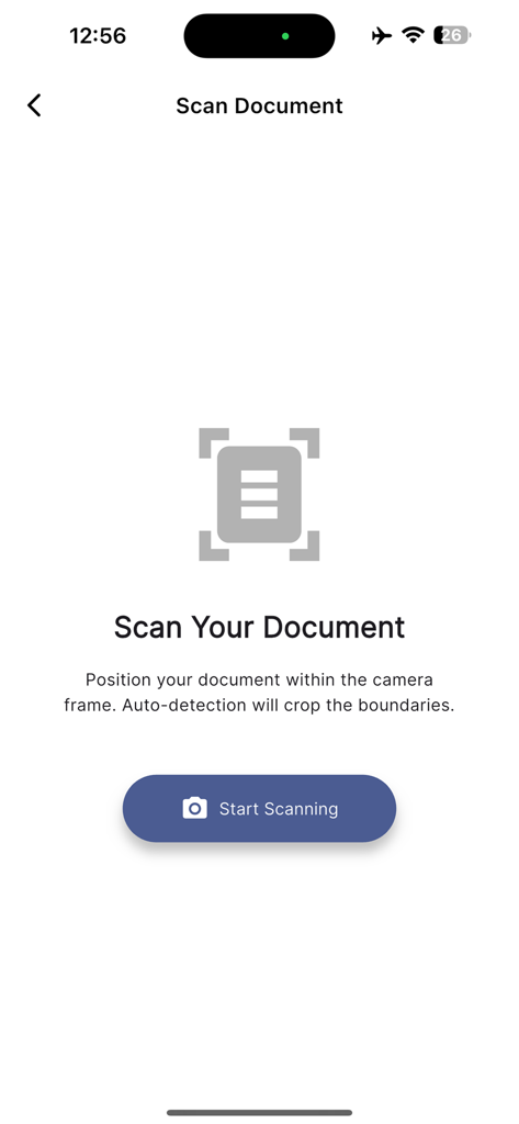 Offline Office: Doc PDF & Scan - A mobile app screen for scanning documents with a start scanning button and auto detection instructions.