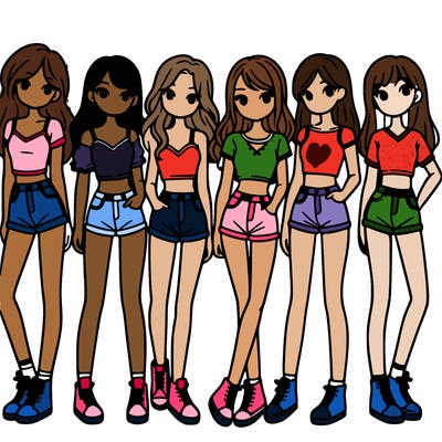 a group of girls wearing crop tops and shorts